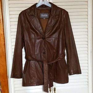 Women's Medium Brown Leather Belted Trench Jacket